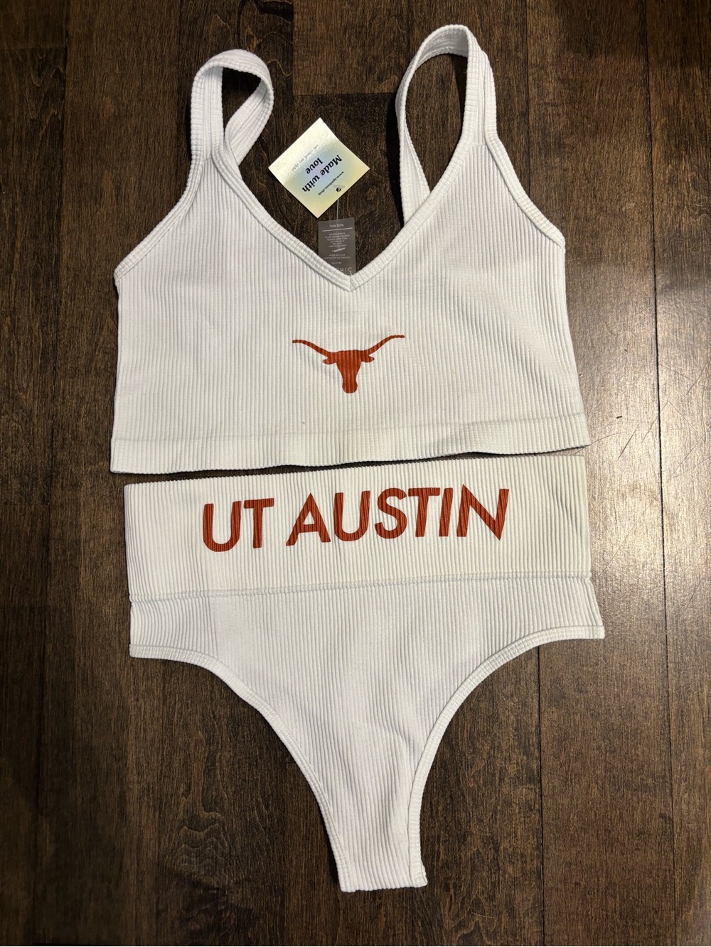 Brand New White Ribbed UT Austin thong and bra set